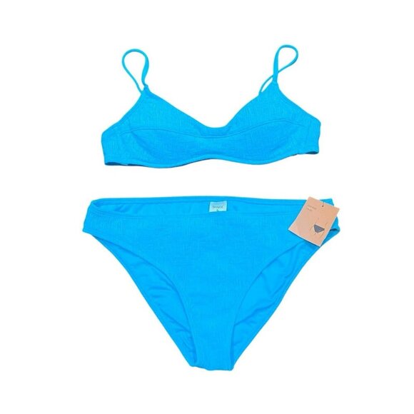Shade And Shore Bikini Top 36B Cheeky Bottom Large Jacquard Textured Blue NWT - Picture 2 of 13